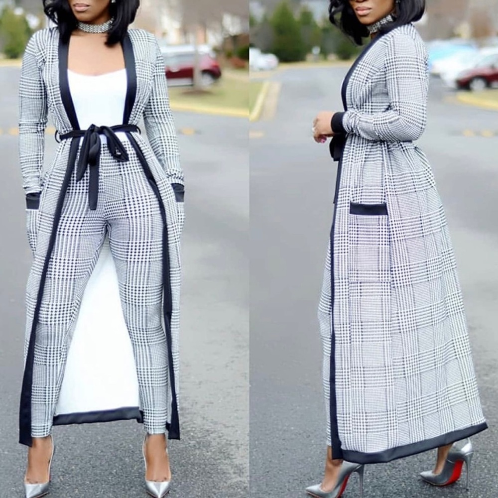VERWIN Long Sleeve Plaid Tops and High Waist Skinny Pants Houndstooth 2PC